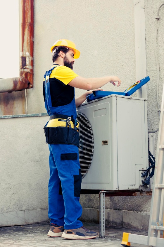 Technician inspecting an outdoor HVAC unit to ensure proper performance for a commercial building